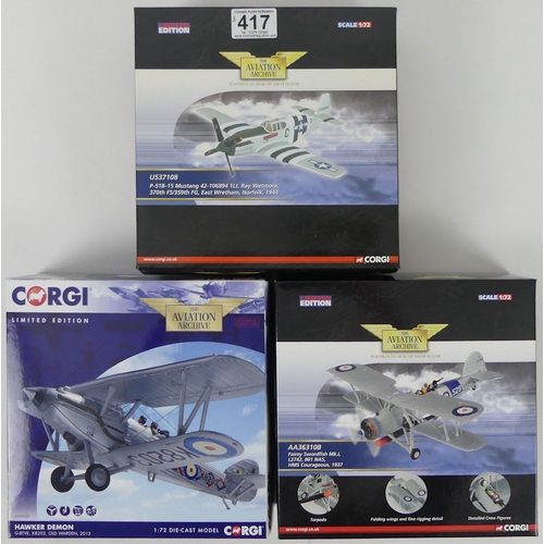 417 - Three boxed Corgi Aviation aircraft - P-51B Mustang 42, FDairey Swordfish MKi and a Hawker Demon all... 