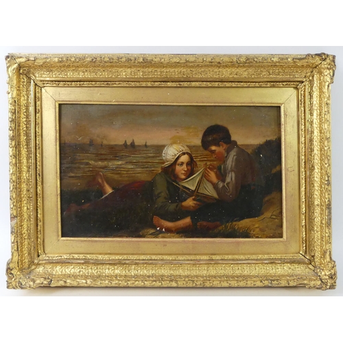 471 - 19th Century oil on canvas, children on beach with yachts in the background, gilt framed, 34cm x 48c... 