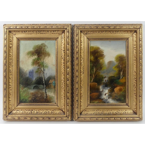 472 - A pair of 19th century oil on board river scenes with bridges and churches in the background, in gil... 