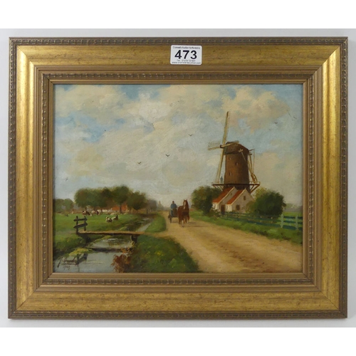 473 - Oil on canvas, rural scene with river and cattle, signed and dated 1909 in a gilt frame, 34cm x 42cm... 