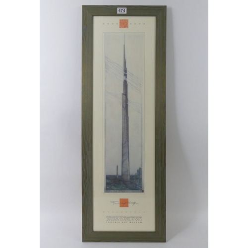 474 - Frank Lloyd Wright exhibition poster, Phoenix Art Museum 1990, signed, framed and glazed, 99cm x 35c... 