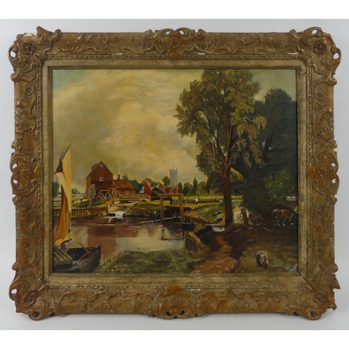 477 - Oil on board, river scene with watermill, signed Tullett, and dated '68, in a gilt frame, 52cm x 62c... 