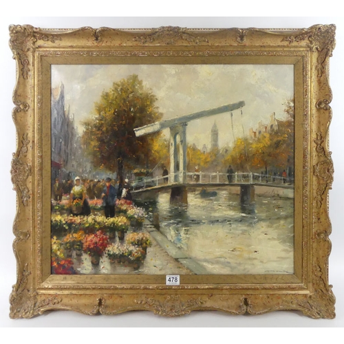 478 - Oil on canvas, Dutch canal scene with flower sellers in a gilt frame, signed lower right, 77cm x 90c... 