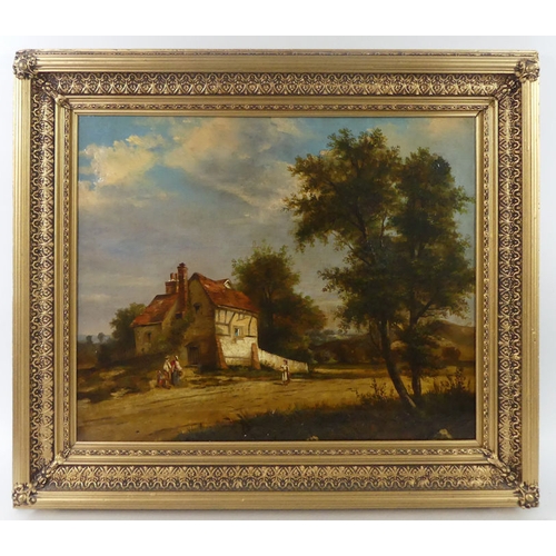 479 - 19th century oil on canvas, cottage scene with figures in the foreground, in a gilt frame, 59cm x 72... 