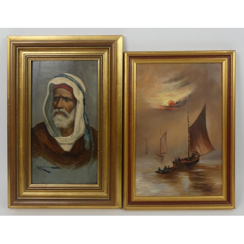 480 - Early 20th century oil on board of an Arab gentleman, signed and framed, together with a seascape. H... 