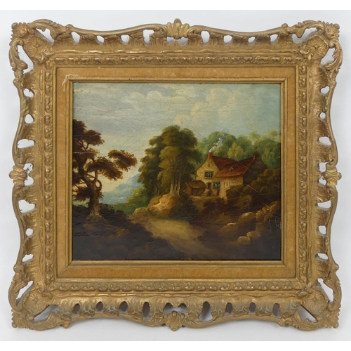 481 - 19th century oil on board, landscape with cottage in the background, in an ornate gilt frame, 32cm x... 