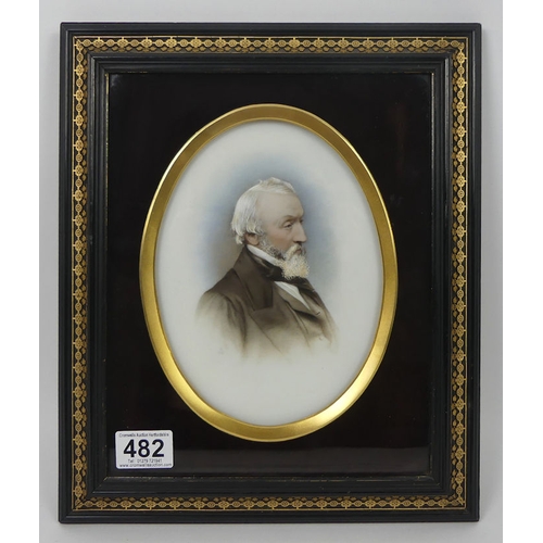 482 - Victorian portrait of a gentleman, painted on porcelain in an ebonised gilt frame, 34cm x 29cm.