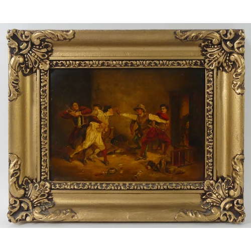 486 - 19th century oil on canvas fighting scene in an ornate gilt frame, 29cm x 36cm.