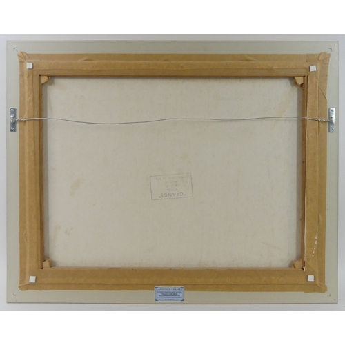 487 - Two framed and glazed 19th century indentures, together with an oil on canvas of a train signed John... 