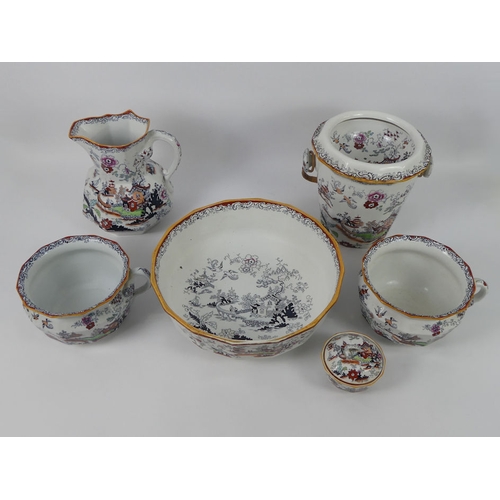 356 - Masons Ironstone wash set, comprising of a wash jug and bowl, two chamber pots, a soap dish and a sl... 