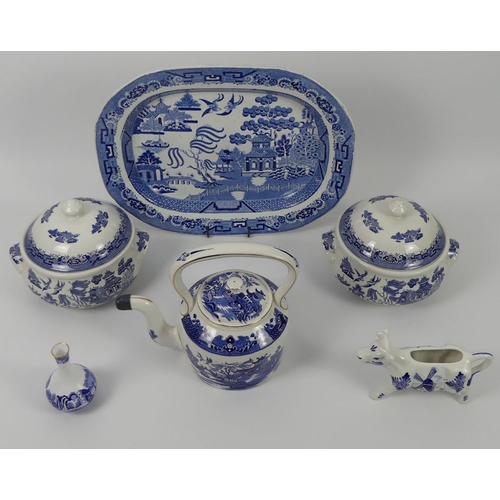 375 - Victorian and later blue and white ceramics including a Burleigh ware teapot a meat plate and tureen... 