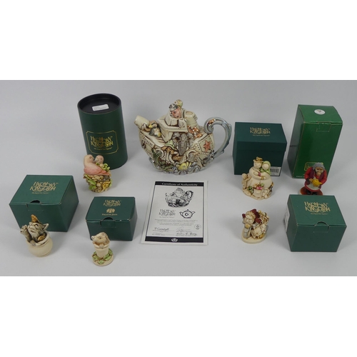 386 - Harmony Kingdom limited edition teapot, together with six Harmony Kingdom figures, boxed, 19cm x 25c... 