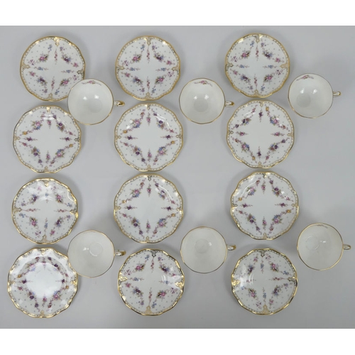 389 - Six Royal Crown Derby cups, saucers and side plates in the Marie Antoinette pattern. H8cm