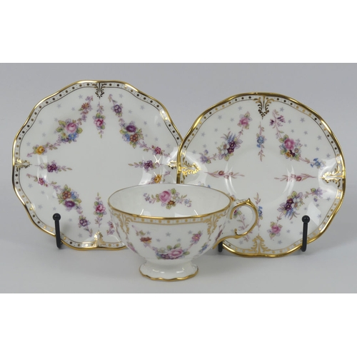 389 - Six Royal Crown Derby cups, saucers and side plates in the Marie Antoinette pattern. H8cm