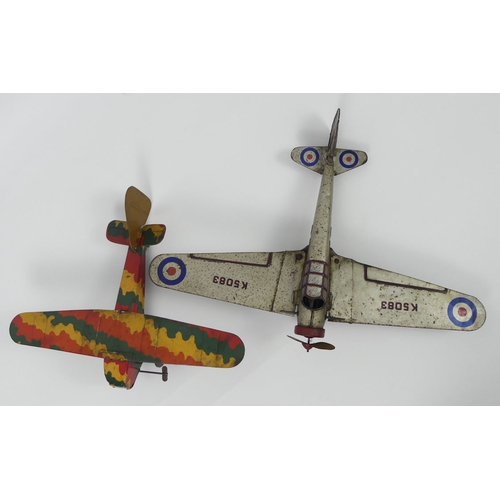 399 - A Mettoy clockwork tinplate RAF monoplane K5083 together with a Mettoy clockwork bi-plane. H14cm X W... 