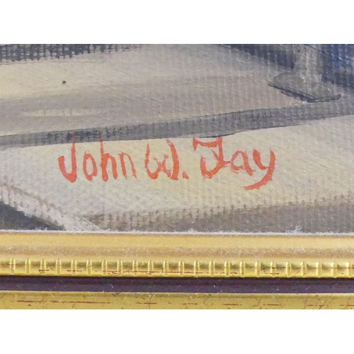 487 - Two framed and glazed 19th century indentures, together with an oil on canvas of a train signed John... 