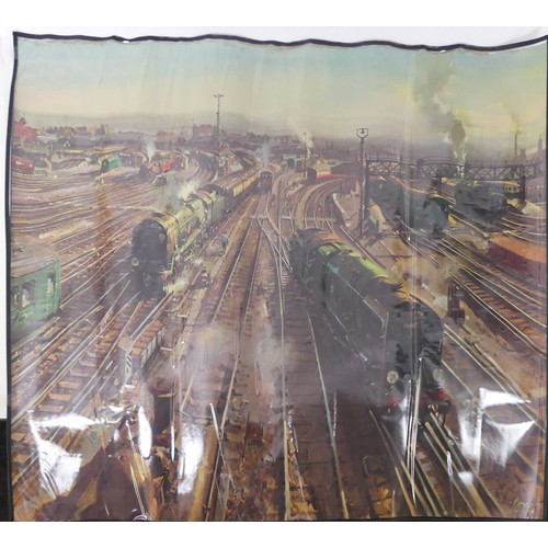 485 - Terrance Cuneo railway poster, Clapham Junction, in a protective plastic sleeve 95cm x 127cm.  Colle... 