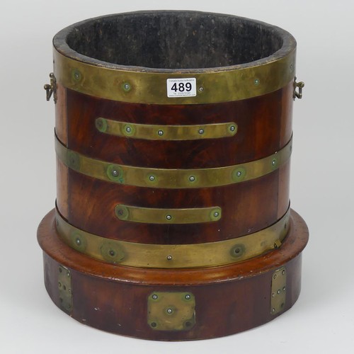 489 - 19th century mahogany brass bound ice bucket/jardiniere 39cm x 37cm.