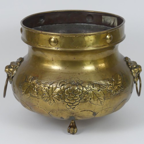 490 - Early 20th century brass jardinière, decorated with grape designs, 30cm x 30cm.