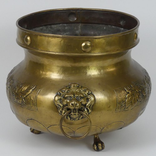 490 - Early 20th century brass jardinière, decorated with grape designs, 30cm x 30cm.