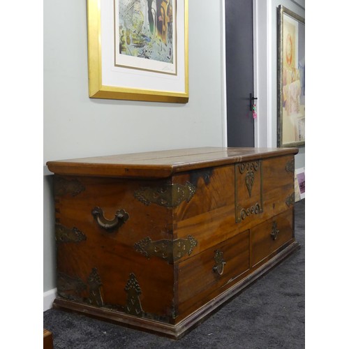 492 - An oak and cedar chest with drawers below, having brass mounts and fittings, 60cm x 128cm.  Collecti... 