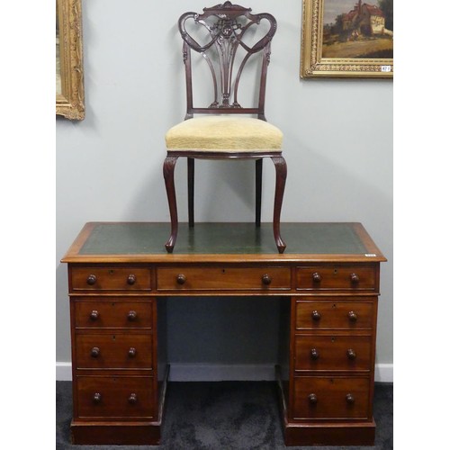 494 - Victorian mahogany leather topped, knee hole desk, together with a mahogany chair, 76cm x 121cm.  Co... 