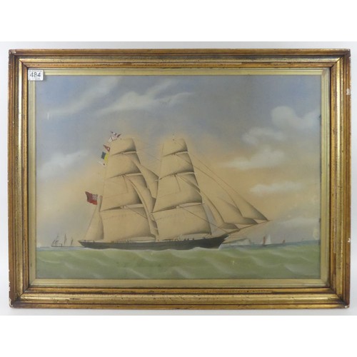 484 - A 19th century watercolour of a clipper ship at full sail, the sails with a 3D effect, framed and gl... 