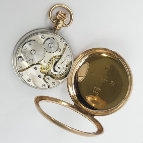 121 - 1920's 9ct gold open face pocket watch and plated chain, 50mm x 68mm.