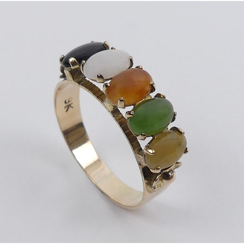 17 - 9ct gold, multi-coloured jade set ring, 2.4 grams, 6.3mm, size N.