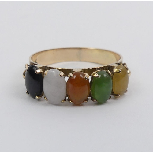 17 - 9ct gold, multi-coloured jade set ring, 2.4 grams, 6.3mm, size N.