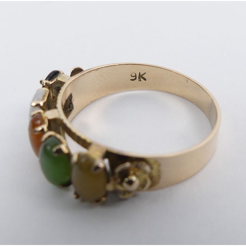 17 - 9ct gold, multi-coloured jade set ring, 2.4 grams, 6.3mm, size N.