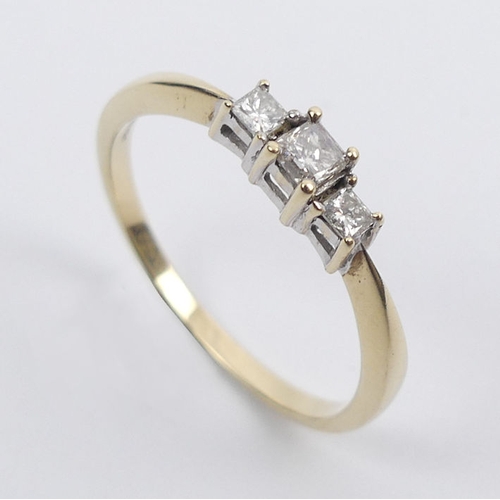 21 - 9ct gold, diamond three stone ring, 1.7 grams, 3.7mm, size P.