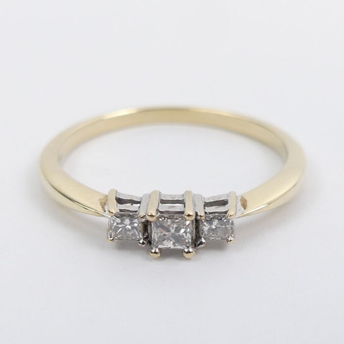 21 - 9ct gold, diamond three stone ring, 1.7 grams, 3.7mm, size P.