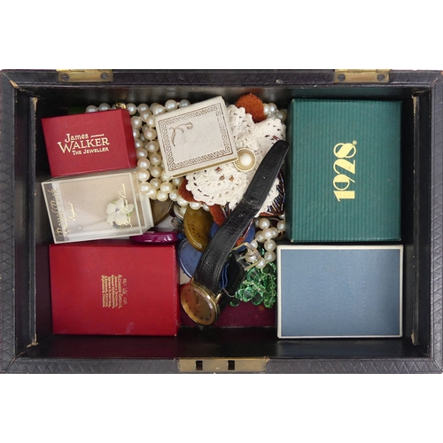 23 - A jewellery box and contents, including silver and gold items along with a rolled gold charm bracele... 