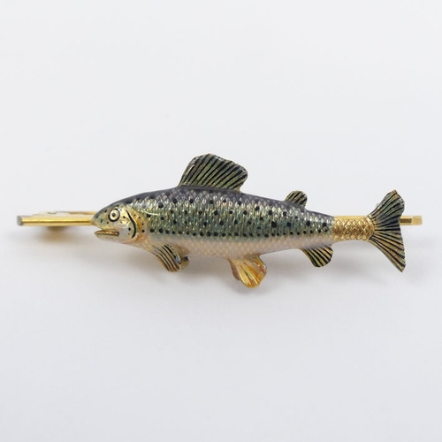 24 - 15ct gold (tested) enamelled fish design bar brooch, 10.5 grams, 48.5mm.