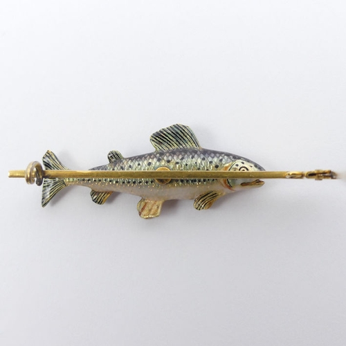 24 - 15ct gold (tested) enamelled fish design bar brooch, 10.5 grams, 48.5mm.