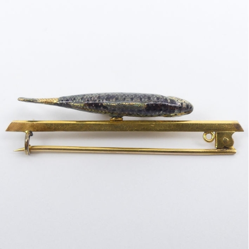 24 - 15ct gold (tested) enamelled fish design bar brooch, 10.5 grams, 48.5mm.