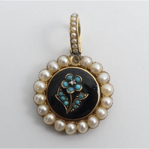 3 - 15ct gold and enamel, split pearl and turquoise 'forget- me-not' pendant with hair locket back, 6.6 ... 