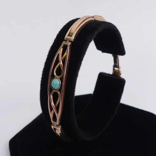 50 - 9ct rose gold, turquoise set expanding bracelet C.1910, 6.4 grams, 17.5cm x 8.2mm.