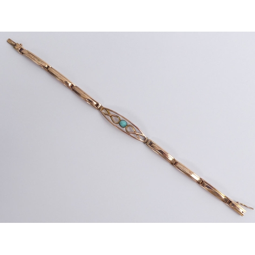 50 - 9ct rose gold, turquoise set expanding bracelet C.1910, 6.4 grams, 17.5cm x 8.2mm.