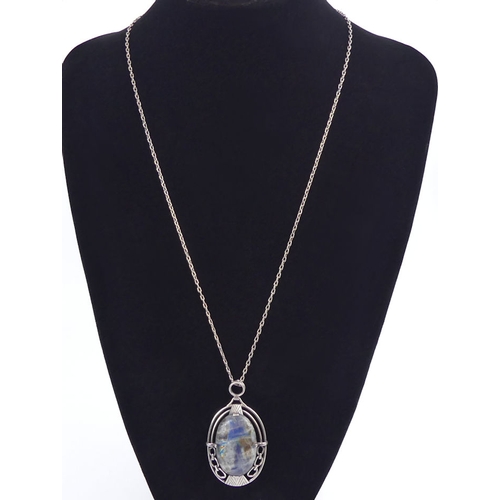 53 - Arts & Crafts 935 silver labradorite set pendant and chain, 16.7 grams, pendant 55mmx 32mm, chain 62... 