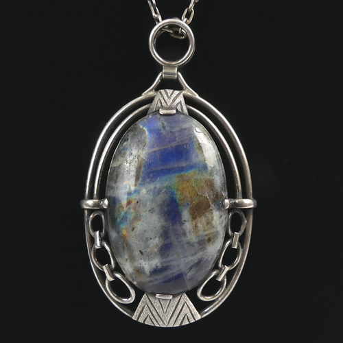 53 - Arts & Crafts 935 silver labradorite set pendant and chain, 16.7 grams, pendant 55mmx 32mm, chain 62... 