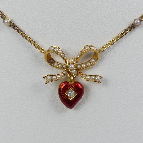 59 - Edwardian 18ct gold (tested), enamel, diamond and seed pearl pendant necklace, 6.6 grams, chain 38cm... 