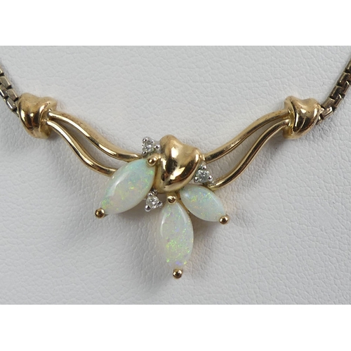 1 - 10ct gold, opal and diamond necklace, 6.8 grams, 42cm.