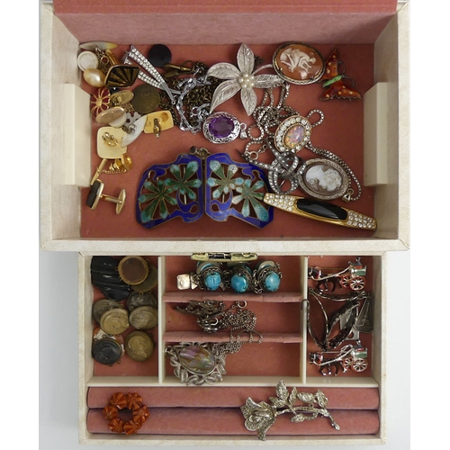 11 - A jewellery box and contents, including a silver scarab bracelet, silver cameo locket and a silver b... 