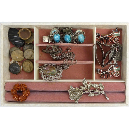 11 - A jewellery box and contents, including a silver scarab bracelet, silver cameo locket and a silver b... 