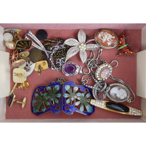 11 - A jewellery box and contents, including a silver scarab bracelet, silver cameo locket and a silver b... 