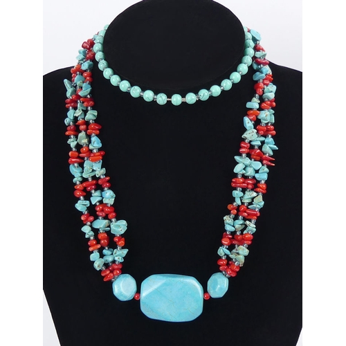 16 - A Native American turquoise and coral necklace, 104.8 grams, 80cm.