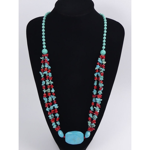 16 - A Native American turquoise and coral necklace, 104.8 grams, 80cm.