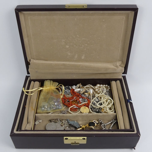 20A - A box of mixed costume jewellery, including silver items and a coral necklace.